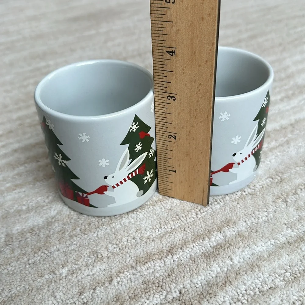 2 Crate & Barrel-Joan Anderson-Jolly Trio Child's Mug Christmas Trees/Rabbit/Fox